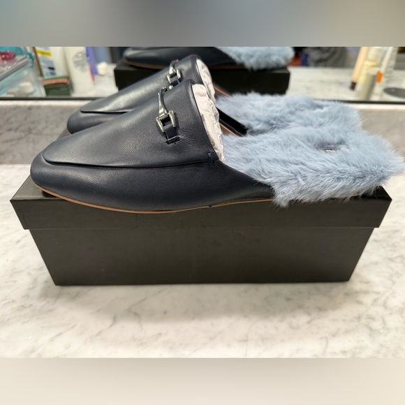 ZAC Zac Posen Navy Leather Savanna Faux Shearling Lined Mules main image 7